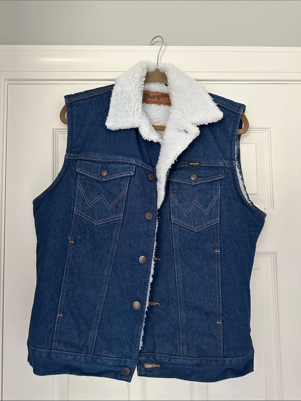 Wrangler Blue Denim Vest with White Sherpa Collar